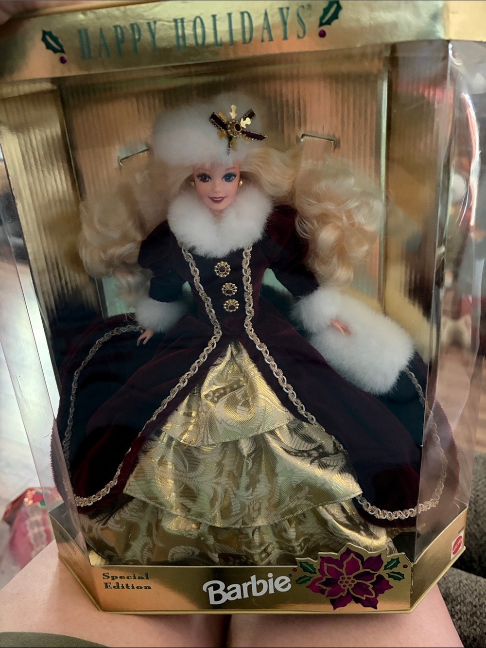 Barbie Holiday Doll in Burgundy and Gold with White Faux Fur Trim